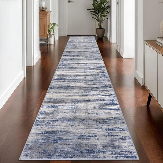 KOZYFLY Modern Abstract Washable Rug Runner 2.6x14 Hallway Rug Runner Non-Slip Soft Kitchen Runner Rugs, Grey-Blue Striped Carpet for Entryway Bathroom Laundry Room Foyer