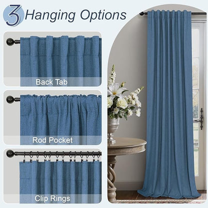 Denim Blue Blackout Drapes 96 Inches Long 2 Panel Burg Cute Linen Textured Modern Farmhouse Living Room Darkening Curtain for Bedroom Viral Sound Deadening Insulated Thermal Back Tab Pleated 96 Length