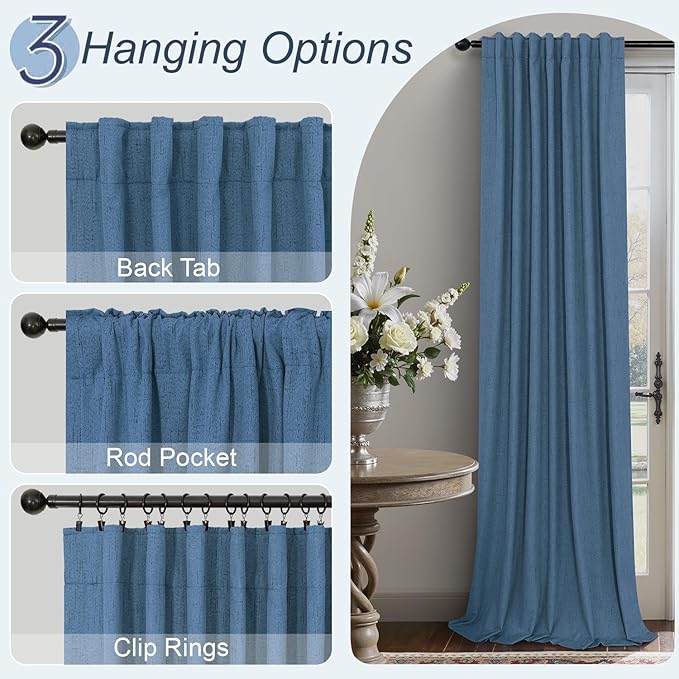 Denim Blue Living Room Black Out Curtains 63 Inch Long Insulated Thermal Darkening Kitchen Drape for Windows Over Sink Boho Linen Textured Blackout Curtain for Dining Room Kids Bedroom Basement Office