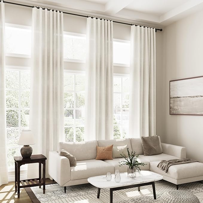 Cream Linen Curtains 112 Inches Long for Living Room Extra Long Back Tab Curtains Neutral Farmhouse Light Filtering Semi Sheer Linen Drapes Ceiling to Floor for Large Window 2 Panels Set 52x112
