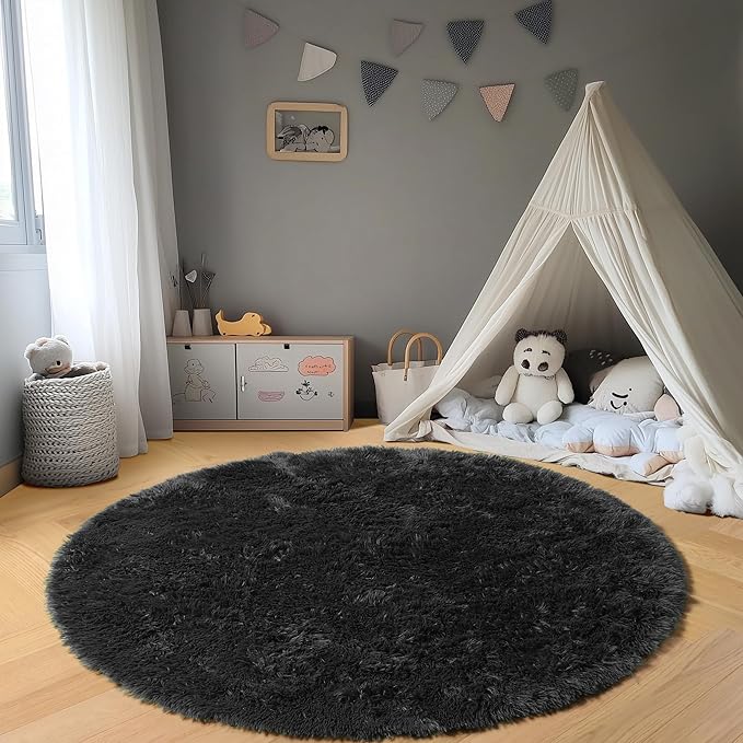 ONASAR Black Round Area Rugs 5ft, Soft Bedroom Circle Rug Floor Mats for Kids Girls Boys Teen Room, Fluffy Plush Shaggy Carpet for Baby Nursery Living Room Playroom Dorm Home Decor