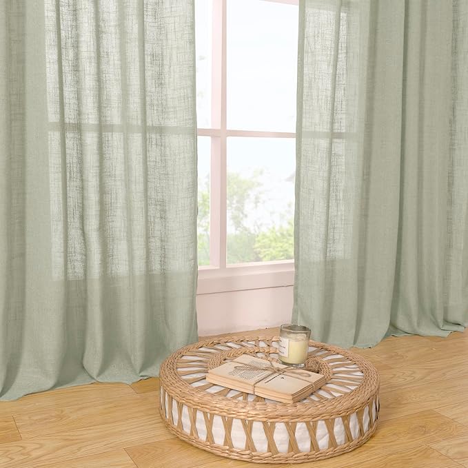 LAMIT Sage Grey Linen Boho Curtains 68 inch Length 2 Panels, Light Filtering Semi Sheer Panels Back Tab and Rod Pocket Neutral Drapes for Bedroom/Living Room, 52 x 68 Inch