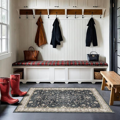 Large 3x5 Entryway Rug Indoor - Washable Non-Slip Low Pile Ultra Soft Area Rug for Large Kitchen, Bedroom Bedside, Mudroom - Distressed Boho Modern Aesthetic Geometric Decor, Ashen/Multi