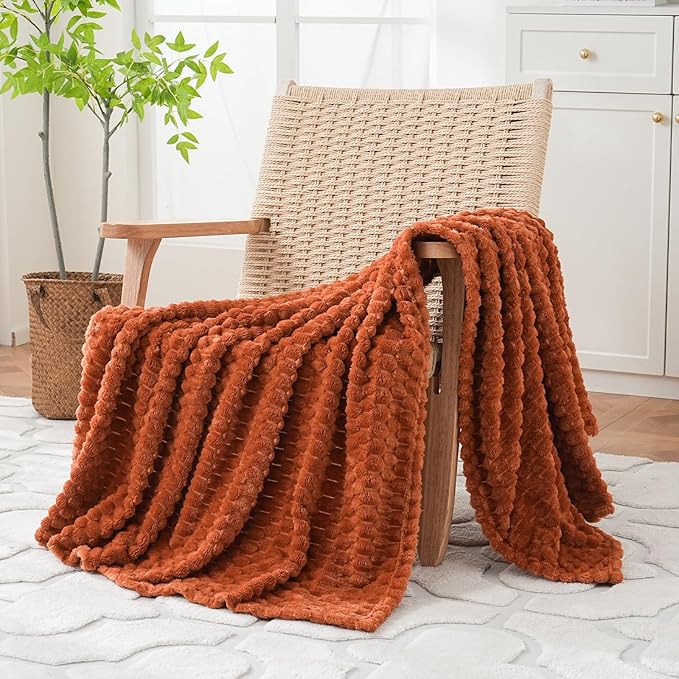 Puncuntex Burnt Orange Throw Blanket 60"×80" inches Fuzzy 3D Jacquard Decorative Flannel Fleece Super Soft Plush Cozy Blanket for Couch Sofa Chair Lightweight