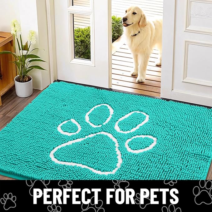Smiry Dog Door Mat for Muddy Paws, Absorbent Dirt Trapper Non Slip Quick Dry Washable Chenille Mat for Mud Dogs, Entry Rug for Indoor and Outdoor (30x20 Inches, Turquoise and White)
