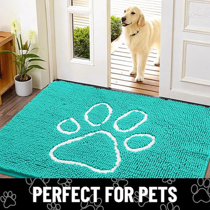 Smiry Dog Door Mat for Muddy Paws, Absorbent Dirt Trapper Non Slip Quick Dry Washable Chenille Mat for Mud Dogs, Entry Rug for Indoor and Outdoor (59x35 Inches, Turquoise and White)