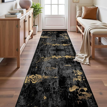 Washable Area Rugs 2'x10' Non-Slip Modern Abstract Soft for Living Room Entryway Bedroom Nursery, Print Pattern, Dark Black Gold