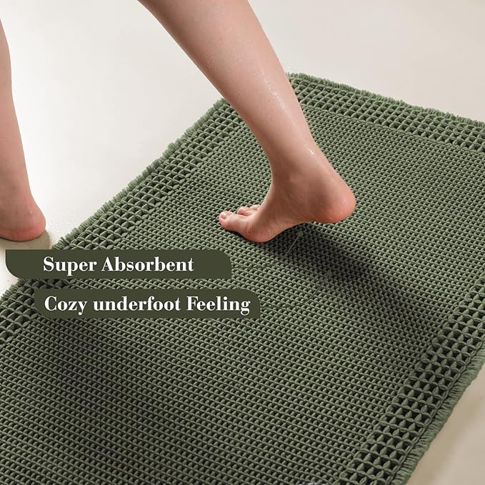 RESARE Waffle Bathroom Runner Rugs, Super Absorbent Bath Mat Non Slip Washable Quick Dry, Upgraded Ultra Soft Boho Bath Rugs with Tassels for Hallway Bedroom Laundry Room, 20"x32" Green