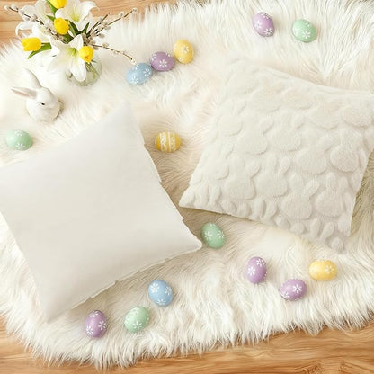 decorUhome Easter Bunny Pillow Covers 16x16 Inch Set of 2, Soft Plush Faux Wool Jacquard Cream White Rabbit Cushion Covers, Farmhouse Neutral Spring Easter Holiday Decor for Couch Sofa Bed