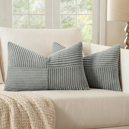 MIULEE Silver Grey Decorative Lumbar Throw Pillow Covers 12x20 Inch for Couch Bed Sofa Pack of 2 Boho Farmhouse Throw Pillows Soft Cross Corduroy Patchwork Textured Cushion Cases
