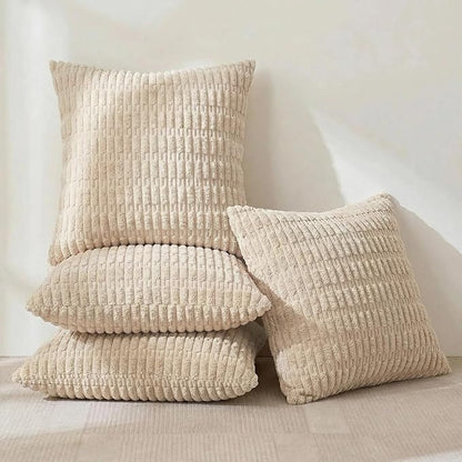 Fancy Homi 4 Packs Tan Decorative Throw Pillow Covers 24x24 Inch for Living Room Couch Bed Sofa, Beige Rustic Farmhouse Boho Home Decor, Soft Plush Striped Corduroy Square Cushion Case 60x60 cm