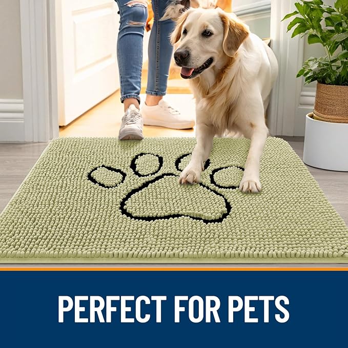 OLANLY Dog Door Mat for Muddy Paws 48x30, Paw Print Design, Absorbs Moisture and Dirt, Absorbent Non-Slip Washable Doormat, Quick Dry Chenille Mud Mat for Dogs, Entry Indoor Entryway Carpet, Vanilla