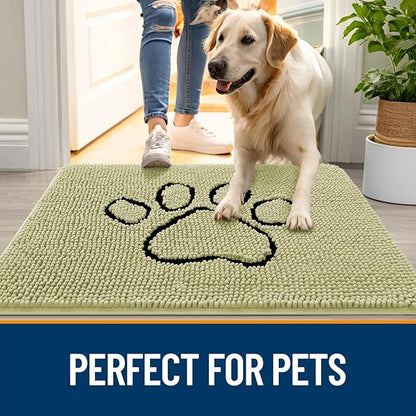 OLANLY Dog Door Mat for Muddy Paws 48x30, Paw Print Design, Absorbs Moisture and Dirt, Absorbent Non-Slip Washable Doormat, Quick Dry Chenille Mud Mat for Dogs, Entry Indoor Entryway Carpet, Vanilla