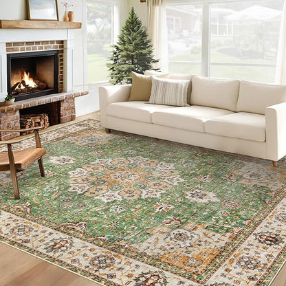 Area Rug 6x9 Washable Rug, Vintage Boho Medallion Rugs Non-Slip Soft Low Pile Large Distressed Rug Indoor Retro Carpet for Living Room Bedroom Dining Room Home Office (Vintage Green, 6'x9')
