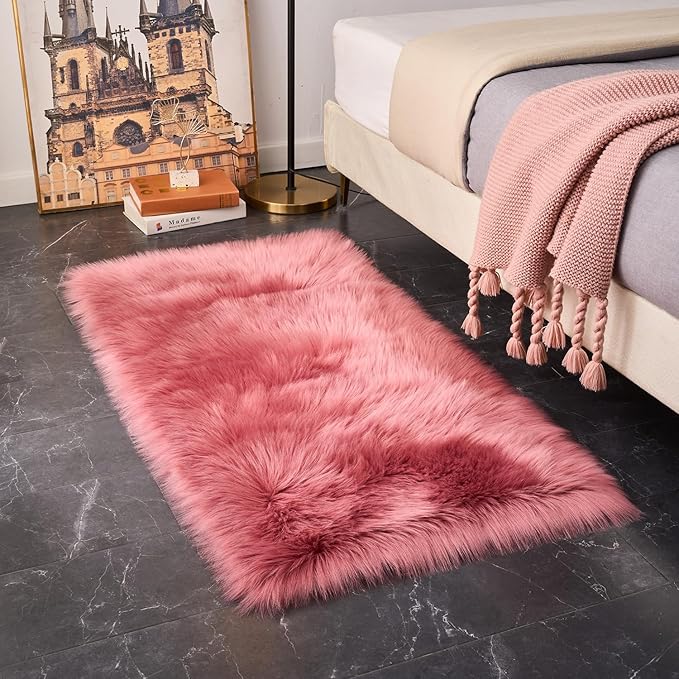 EasyJoy Ultra Soft Fluffy Shaggy Area Rug Faux Fur Rug Chair Cover Seat Pad Fuzzy Area Rug for Bedroom Floor Sofa Living Room (2 x 4 ft Rectangle, BlushPink)