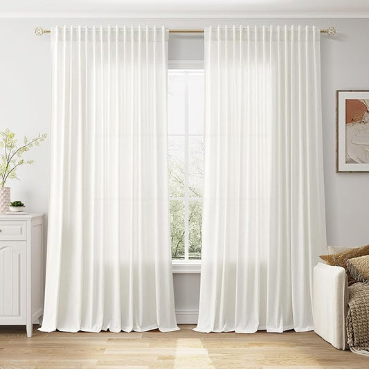 Nanspring Extra Wide 100x108 Inch Linen Curtains for Living Room Divider Light Filtering Semi Sheer Curtains for Sliding Door Beige White Coastal Decor Floor to Ceiling Window Curtain Panel