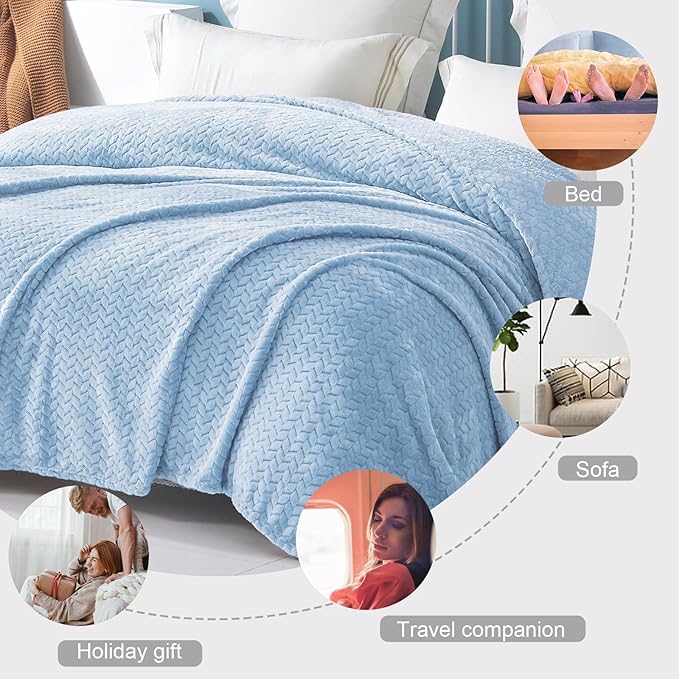 Exclusivo Mezcla Light Blue Fleece King Size Blanket for Bed, 90x104 Inches Soft Cozy 3D Decorative Jacquard Flannel Blankets, Lightweight Fuzzy Plush Warm Blankets for All Seasons