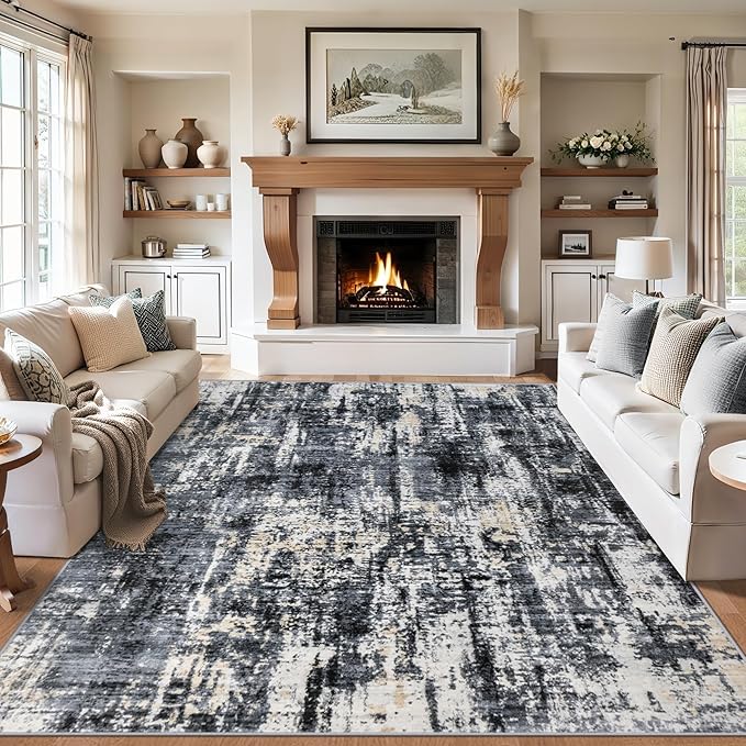 Area Rugs 10x14 Living Room - Washable Rug Modern Abstract Soft Large Neutral Non-Slip Carpet Indoor Floor Thin Carpets for Bedroom Dining Room Farmhouse Nursery Home Office Black Gold