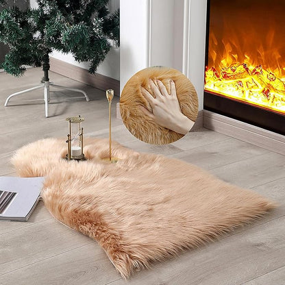 linmopm Faux Fur Rug Sheepskin Shag Fluffy Fuzzy Beige 2x3 ft Small Rugs for Bedroom Bedside Bed Floor Living Room Plush High-Density Cushion Carpet Super Sofa Cover