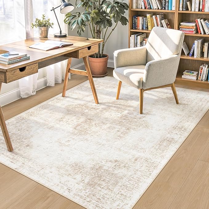 Area Rug 4x6 Washable Rug, Vintage Boho Medallion Rugs Non-Slip Soft Low Pile Distressed Rug Indoor Retro Carpet for Living Room Bedroom Dining Room Home Office (Beige, 4'x6')