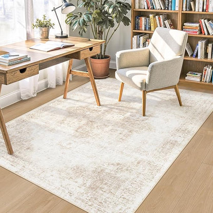 Area Rug 4x6 Washable Rug, Vintage Boho Medallion Rugs Non-Slip Soft Low Pile Distressed Rug Indoor Retro Carpet for Living Room Bedroom Dining Room Home Office (Beige, 4'x6')