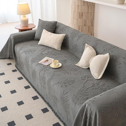 HANDONTIME Washable Couch Covers for Sofa Boho Couch Covers for 3 Cushion Sofa Pet Friendly Grey Chenille Jacquard Couch Protector for Dogs Plant Branch Sectional Cover Sofa Slipcovers, 71" X 118"