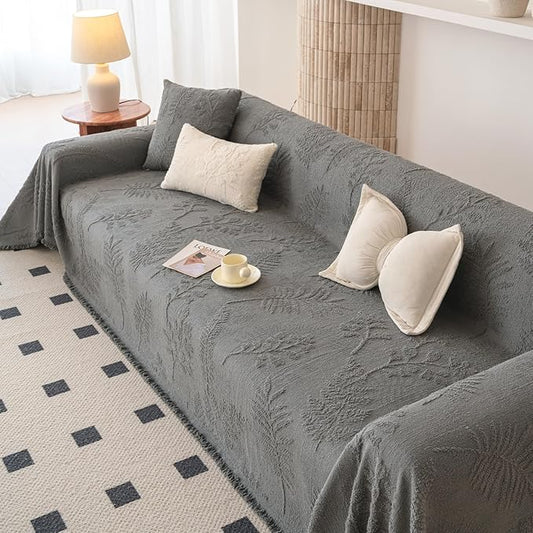 HANDONTIME Washable Couch Covers for Sofa Boho Couch Covers for 3 Cushion Sofa Pet Friendly Grey Chenille Jacquard Couch Protector for Dogs Plant Branch Sectional Cover Sofa Slipcovers, 71" X 150"