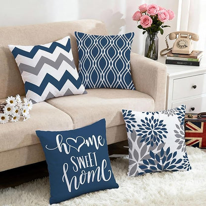 Hexagram Geometric Blue Pillow Covers 18x18 Set of 4, Decorative Outdoor Boho Modern Throw Pillow Covers, Home Sweet Home Farmhouse Cushion Case for Couch Sofa Bedroom Indoor Decor(No Insert)