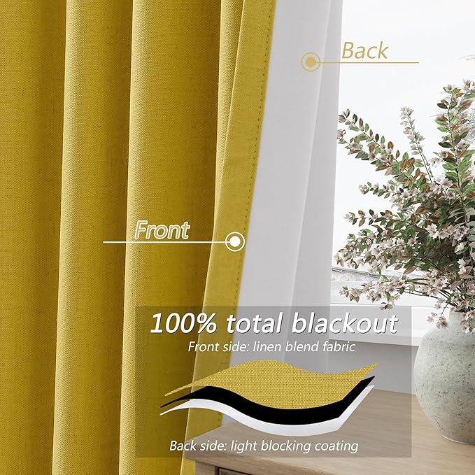 Guken 100% Blackout Curtains 84 Inch Length 2 Panels Set for Living Room Bedroom Back Tab Thermal Insulated Black Out Linen Drapes Room Darkening Celery Yellow,52x84