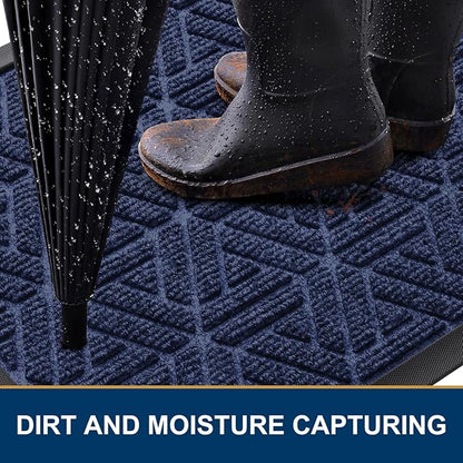 Smiry Front Door Mat Outside Entrance, Heavy Duty Sturdy Natural Rubber Doormat, Trap Dirt and Moisture, Easy Clean Low Profile Mats for Indoor Outdoor Entry, Grid Geometric (47x23, Navy Blue)