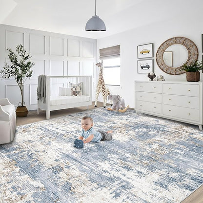 XLUEZ 9x12 Area Rug for Living Room, Washable Modern Abstract Large Area Rug Neutral Soft Non Slip Kids Rug Stain Resistant Indoor Carpet for Bedroom Dining Room Playroom Office(Blue, 9'x12')