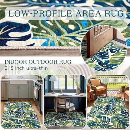 3x5 Botanical Entry Rug - Small Washable Indoor Outdoor Mats for Front Door Non-Slip Porch Rug Spring Tropical Green Leaf Throw Rugs for Living Room Bedroom Entryway Kitchen Office Porch Decor