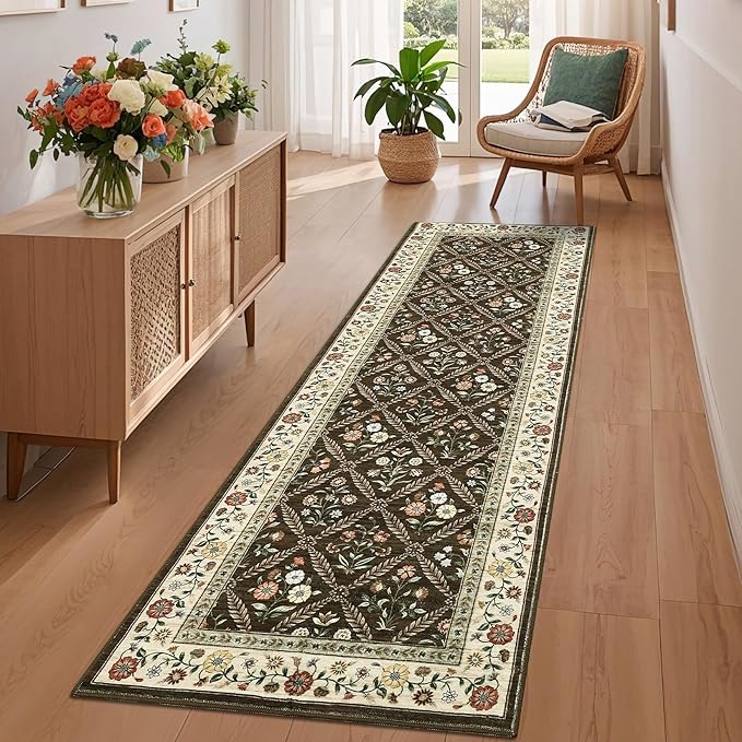 Washable Kitchen Runner 2x6 Non-Slip Floral Carpet Runner for Entryway Indoor Ultra Soft Stain Resistant Long Rugs Farmhouse Floor Mat for Hallways Laundry Bedroom Brown