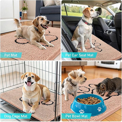 OLANLY Dog Door Mat for Muddy Paws 30x20, Paw Print Design, Absorbs Moisture and Dirt, Absorbent Non-Slip Washable Doormat, Quick Dry Chenille Mud Mat for Dogs, Entry Indoor Entryway Carpet, Peach