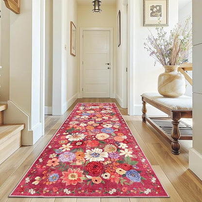 Rug for Hallways Kitchen Rug 3x7, Non Slip Washable Rugs with Rubber Backing Soft Floral Carpet Runner for Hallways, Kitchen, Laundry, Bedroom, Bathroom(3 x 7, Red Garden)