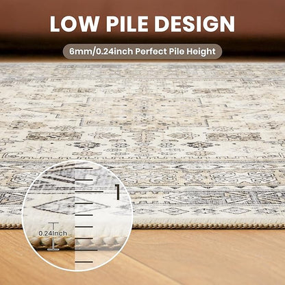 zesthome 9ft Round Rugs for Living Room, Non-Slip Washable Round Area Rugs, Ultra-Thin Large Circle Rugs, Soft Low Pile Rug for Bedroom, Kitchen - Vintage Stain Resistant Round Rug (Beige,9'x9')