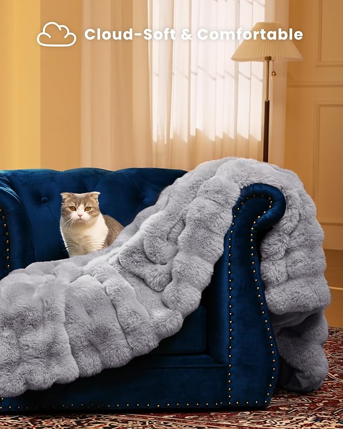 Ultra Soft Cozy Faux Fur Throw Blanket, Fuzzy Plush Thick Bubble Blanket, Oversize Luxury Fluffy Blanket for Couch, Bed, and Living Room, 60x80 Inches, Light Grey