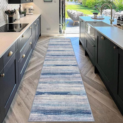 KOZYFLY Modern Abstract Kitchen Runner Rug, 2x10 Washable Rug Runner Non-Slip Soft Striped Hallway Runner Rugs, Blue/Grey/Beige Print Carpet Runner for Entryway Bathroom Laundry Room Foyer