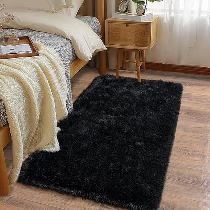 Soft Runner Rugs for Bedroom Hallways, 2x4 Black Fluffy Shag Throw Area Rug Non Slip for Bedside Dorm, Long Shaggy Furry Carpet for Nursery Living Room