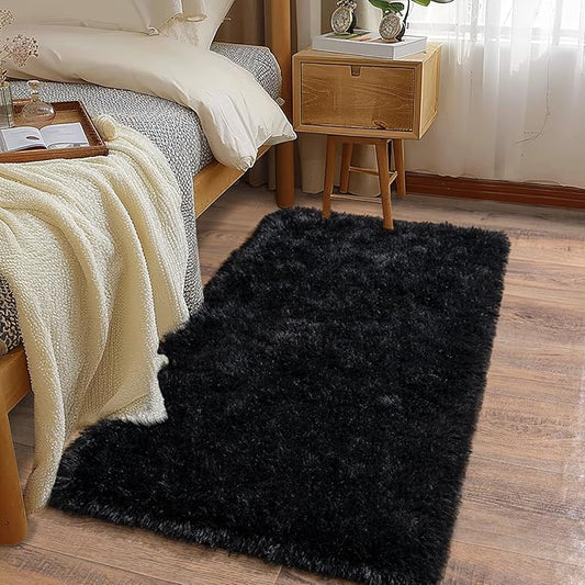 Soft Runner Rugs for Bedroom Hallways, 2x4 Black Fluffy Shag Throw Area Rug Non Slip for Bedside Dorm, Long Shaggy Furry Carpet for Nursery Living Room