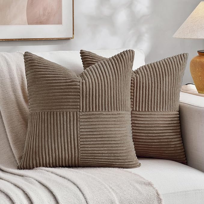 Fancy Homi Set of 2, Light Brown Patchwork Corduroy Decorative Soft Striped Modern Accent Cushion Case Farmhouse Boho Neutral Throw Pillow Covers for Chair Couch Bed Sofa Living Room 18x18 Inch