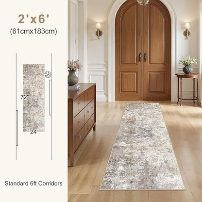 UERMEI 2X6 Washable Runner Rug for Hallway: Soft Neutral Modern Abstract Area Rug - Non-Slip Low Pile Long Throw Indoor Carpet for Kitchen Entryway Kitchen Bedroom Laundry Bathroom - Brown Grey
