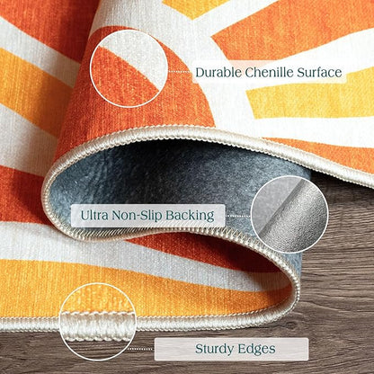 3x5 Boho Entry Rug - Small Washable Indoor Outdoor Mats for Front Door Non-Slip Porch Rug Orange Modern Retro Sun Throw Rugs for Living Room Bedroom Entryway Kitchen Office Porch Decor