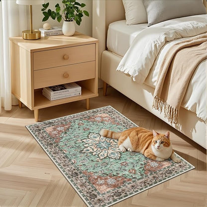 2x3 Area Rugs Living Room Rug: Washable Vintage Distressed Floral Rug No Slip Stain Resistant Soft Carpet Indoor Large Carpets for Bedroom Dining Room Farmhouse Nursery Hallway Home Office Brown Green