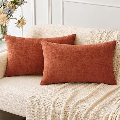 MIULEE Pack of 2 Couch Throw Pillow Covers 12x20 Inch Soft Burnt Orange Chenille Lumbar Pillow Covers for Sofa Living Room Solid Dyed Cases