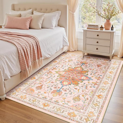 RELEANY Area Rugs 4'x6' Washable Non-Slip, Floral Vintage Distress Print Pattern Medallion Carpet for Living Room Bedroom Dining Room, Light Pink Colorful