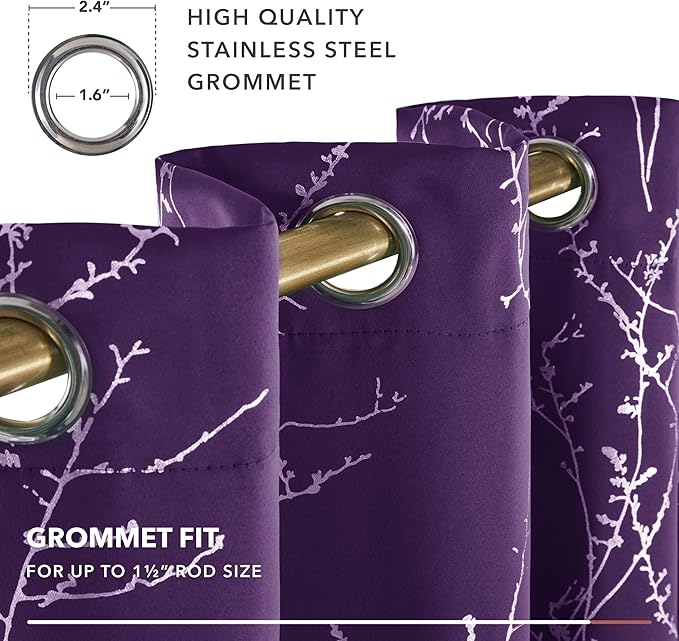 Deconovo Blackout Curtains, Purple Curtain, Thermal Insulated Soundproof Grommet Drapes, Silver Tree Foil Print, 52 x 95 Inch, 2 Panels, Machine Washable Window Panel for Living Room Bedroom Office