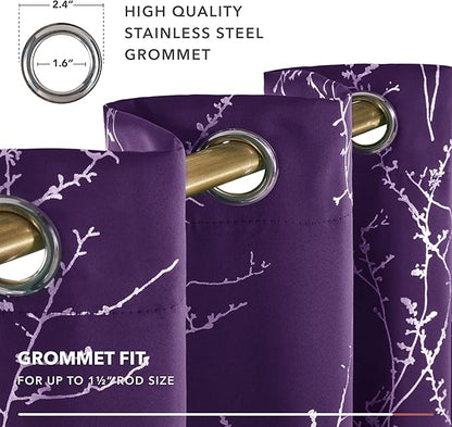 Deconovo Blackout Curtains, Purple Curtain, Thermal Insulated Soundproof Grommet Drapes, Silver Tree Foil Print, 52 x 63 Inch, 2 Panels, Machine Washable Window Panel for Living Room Bedroom Office