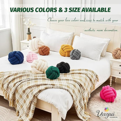 Uvvyui Knot Pillow Ball, Soft Home Decorative Pillows, Round Throw Pillow, Handmade Knotted Plush Pillow, Round Boucle Pillow Cushion (8.6 Inches Dark Green)