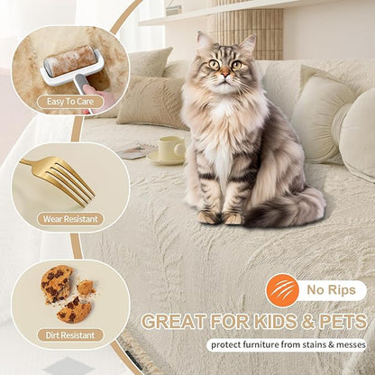 HANDONTIME Washable Couch Covers for Sofa Boho Couch Covers for 3 Cushion Sofa Pet Friendly Beige Chenille Jacquard Couch Protector for Dogs Plant Branch Sectional Cover Sofa Slipcovers, 71" X 134"
